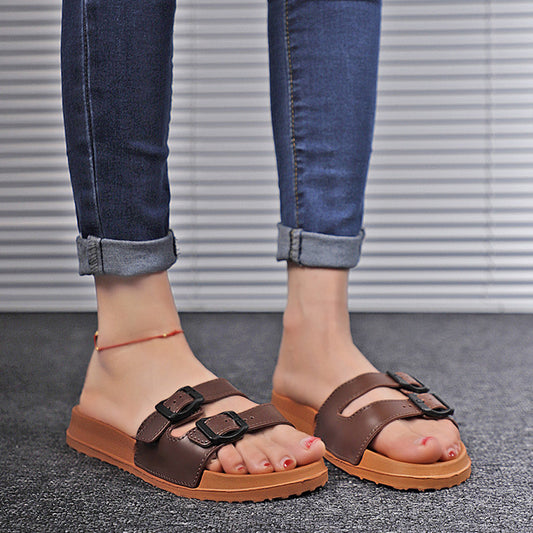 Retro Flat Fashion Sandals for Women: Two Straps and Double Buckles