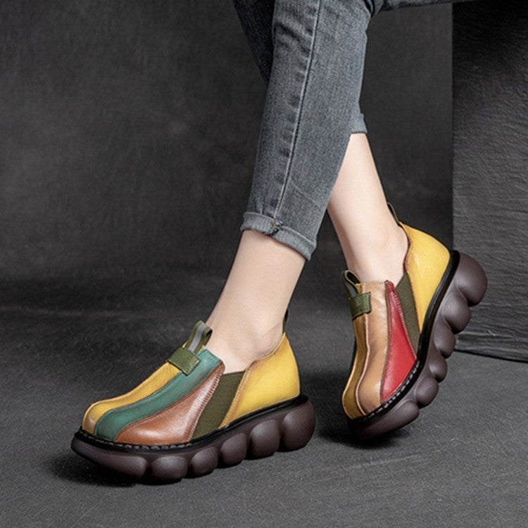 New Fashion Color-blocking Ethnic Style Round Toe Thick Sole Shoes