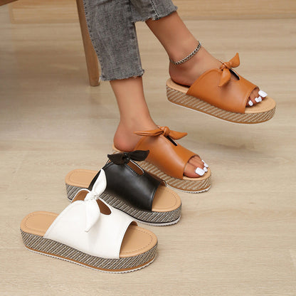 Platform Mid-Heel Peep Toe Sandals: Bow Accent, Comfortable Slippers for Outdoor Slides