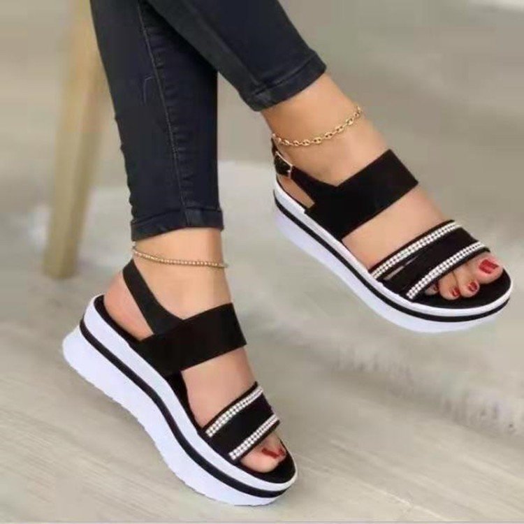 Summer Flats Sandals Platform Women Walking Shoes With Rhinestone Design
