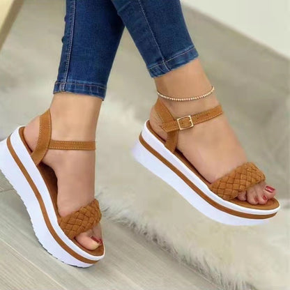 Braided Thick-Bottom Sandals: Weave Style with One-Word Buckle Strap for Women