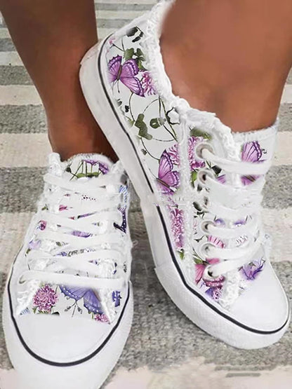 White Floral Canvas Shoes Women Large