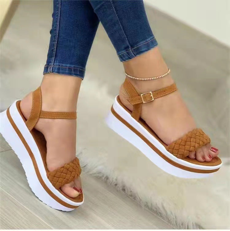 Braided Thick-Bottom Sandals: Weave Style with One-Word Buckle Strap for Women