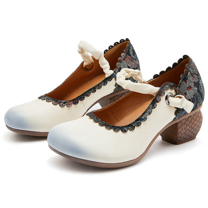 Vintage Chinese Element Thick Heel Single Shoe: Soft Leather, Round Toe, Violet Butterfly Design with Versatile Style