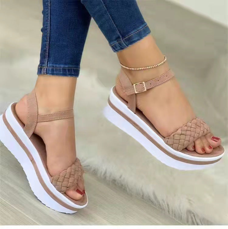 Braided Thick-Bottom Sandals: Weave Style with One-Word Buckle Strap for Women