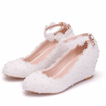 Pearl-Adorned White Lace High Heel Shoes