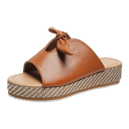 Platform Mid-Heel Peep Toe Sandals: Bow Accent, Comfortable Slippers for Outdoor Slides